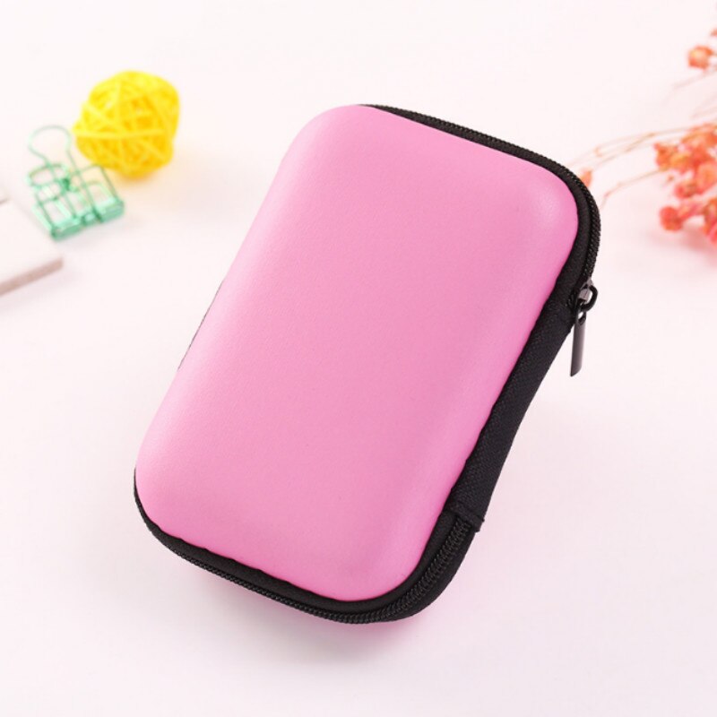 Portable Mini Zipper Hard Earphone Organizer Case Travel PU Leather Protective USB Cable Earbuds Case Bag: pink