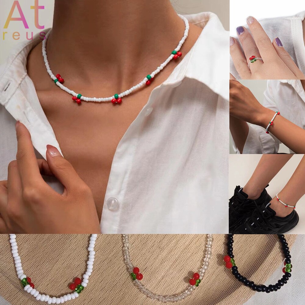 Zomer Strand Boho Transparante Kralen Cherry Sieraden Set Crystal Choker Ketting Voor Vrouwen Meisje Fruit Weave Kralen Armband Ring