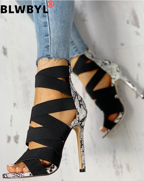 Sandalias Mujer femmes dames pompes pansement Patchwork couleurs mélangées serpent talons hauts sandales chaussures décontractées taille 37 ~ 43