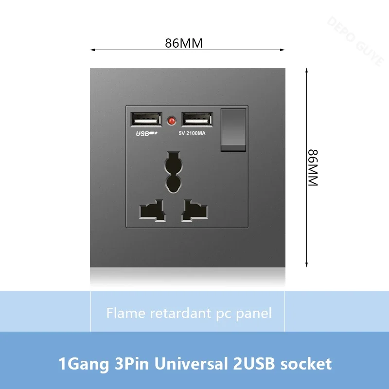 Universal 18W Type-C Plug Quick Charging Dual 3-pin Power Socket 220V,Wall electrical Socket with DC 5V 3.1A Type-c USB Charger