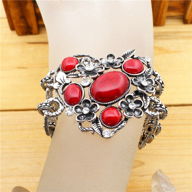 Holle Bloem Hartvorm Blauw Rode Steen Armband Voor Vrouwen Antieke Verzilverd Lock Mode-sieraden TB170