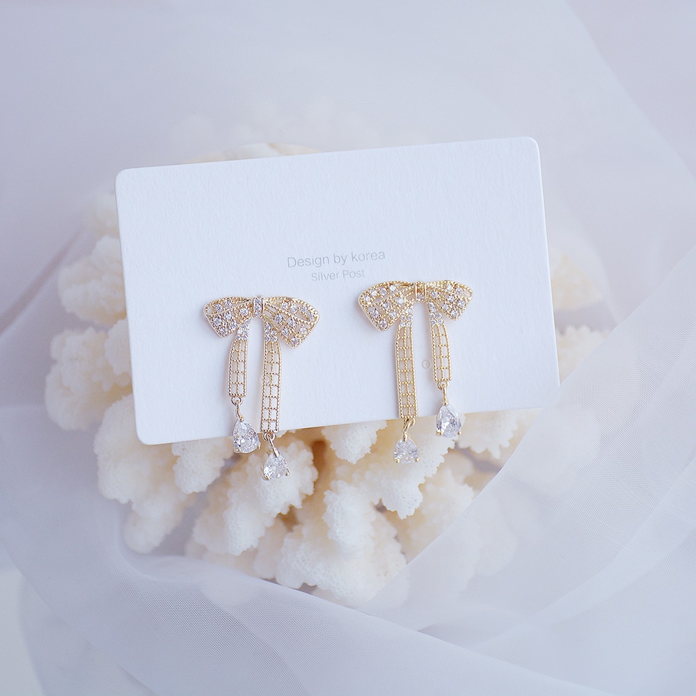 Koreansk mikro zirkon temperament bowknot ørering til kvinder lækker 14k ægte guld øreringe tilbehør smykker