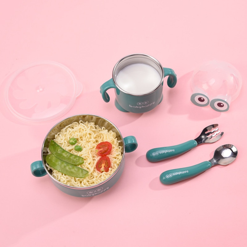 Baby servis set rostfritt stål söt tecknad barn termisk skål med kopp gaffel sked spädbarn mata barn porslin mbg 0550
