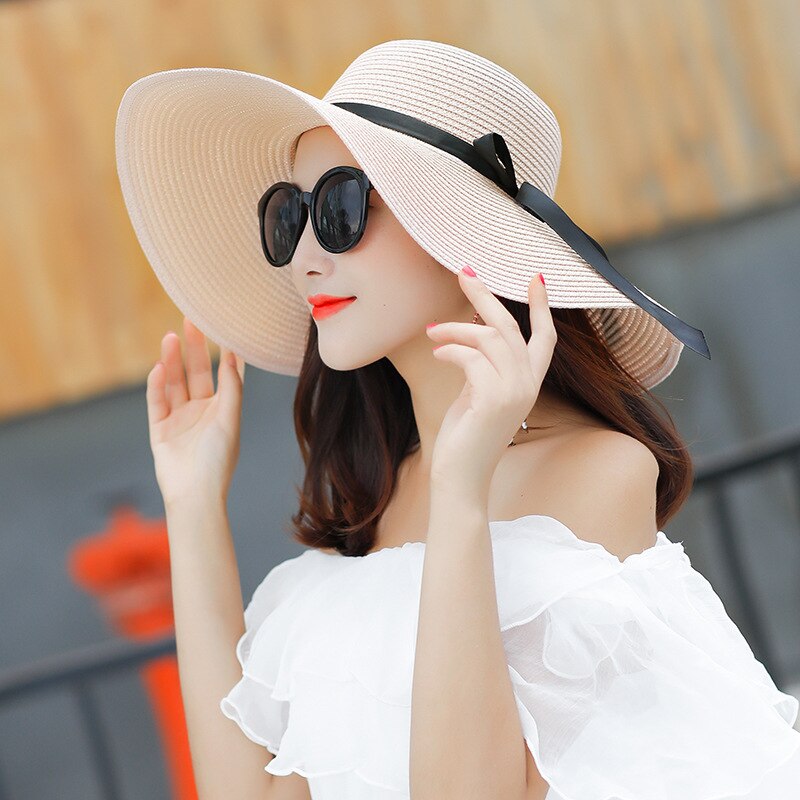 women's straw hat wide brim sun hat ladies solid black ribbon bow floppy beach hat female packable summer hat: A2