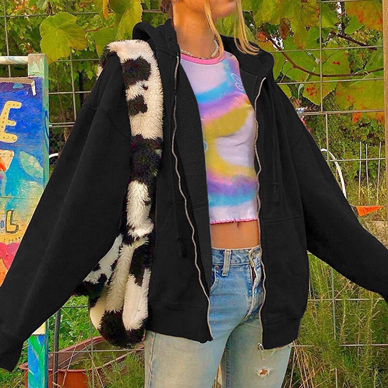 Brun lynlås sweatshirt vinterjakke tøj oversize hættetrøjer kvinder plus størrelser vintage lommer lange ærmer