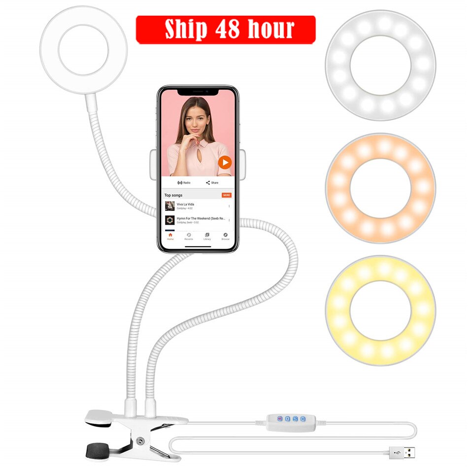 Flexible Monopod Mount Bracket with LED Ring Flash Light Lamp Tabletop Stand Tripods with Mobile Phone Holder for Video Bloggers