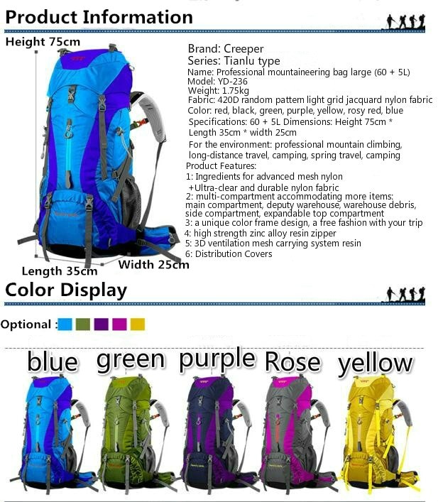 Creeper 60+5L Waterproof Rucksack Internal Frame Climbing Camping Hiking Backpack Mountaineering Bag