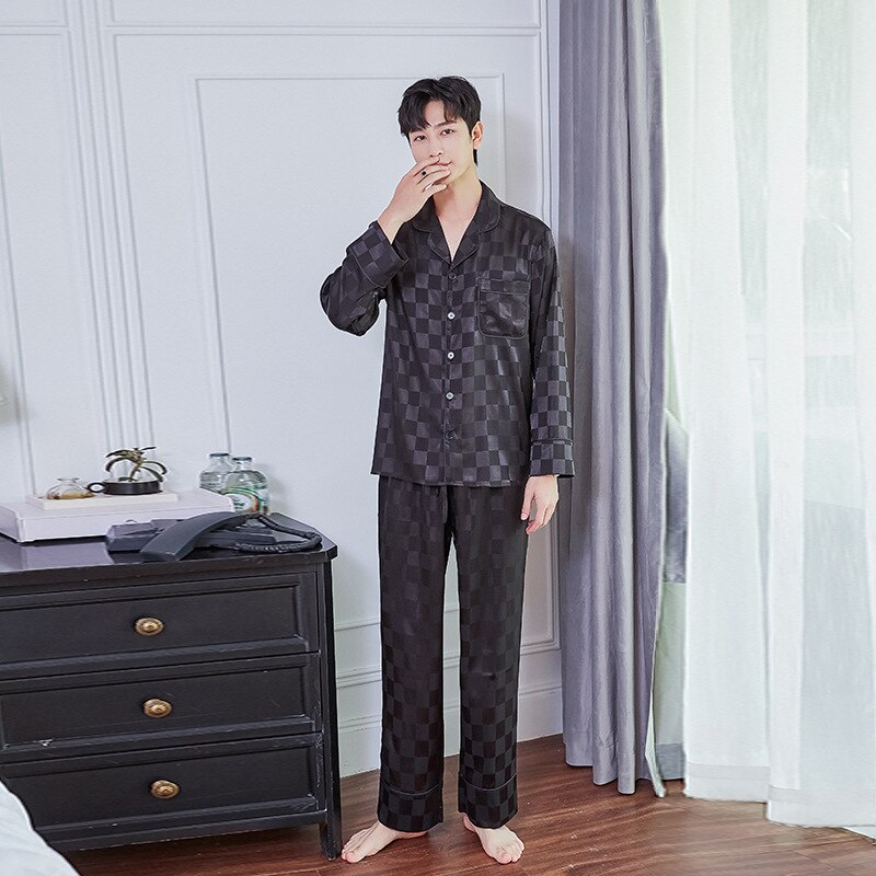 Noble-pijama de seda a cuadros para hombre, conjunto de ropa de dormir, traje de casa para pareja, color negro