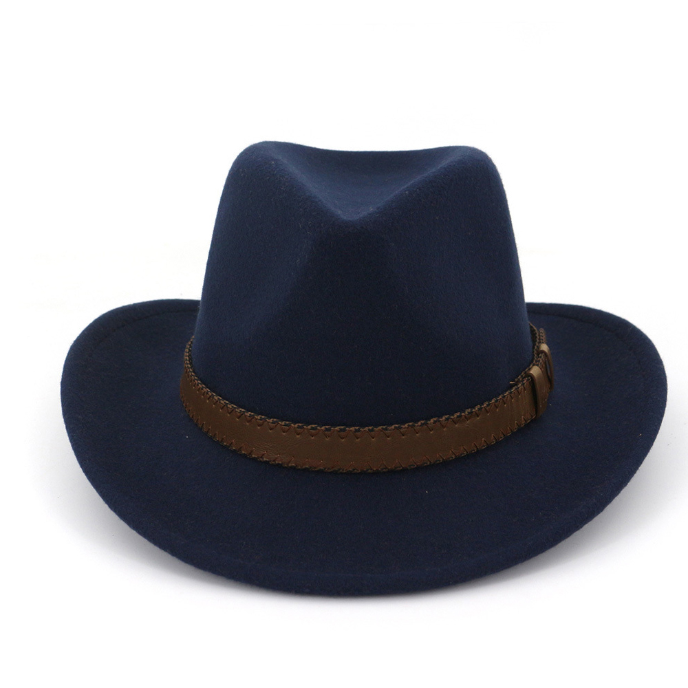 Unisex Men Women Wool Western Cowboy Hat With Punk Belt Outdoor Travel Sombrero Hombre Hat Size 56-58CM: Dark Blue
