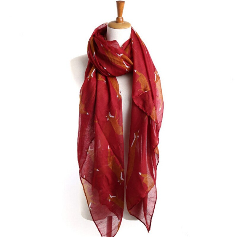 YGYEEG Women Fox Scarf Voile Girl Long Cute Fox Print Scarf Wraps Shawl Soft Scarves Female Cute Tippet Foulard Cachecol Shawl: Wine Red