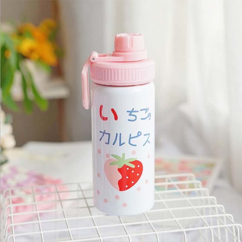 400ML Cute Pink Strawberry Water Bottle Travel Kawaii 304 Stainless Steel Thermos Bottle With Straw Birthday Girl Women