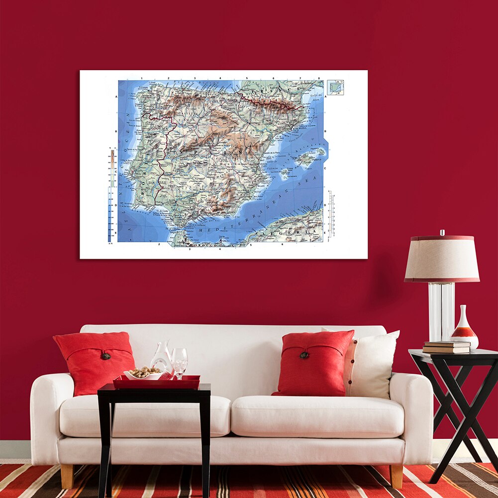 Mapa orográfico de España, póster detallado de 150x100cm, lienzo no tejido, pintura, impresiones de arte de pared, suministros escolares, decoración del hogar