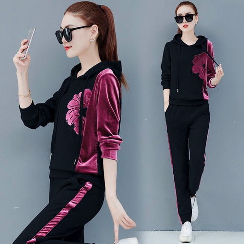 black Velvet Two Piece Set Tracksuit For Women Outfits Plus Large Size Sportswear Hoodies Top Pant Suit Winter Autumn Clothes