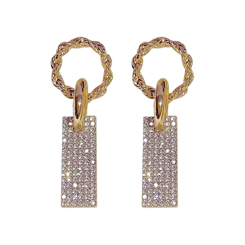 France Style Women's Luxury Zircon Square Pendant Earrings Gold Color Round Shiny Earrings For Women Trendy Jewelry