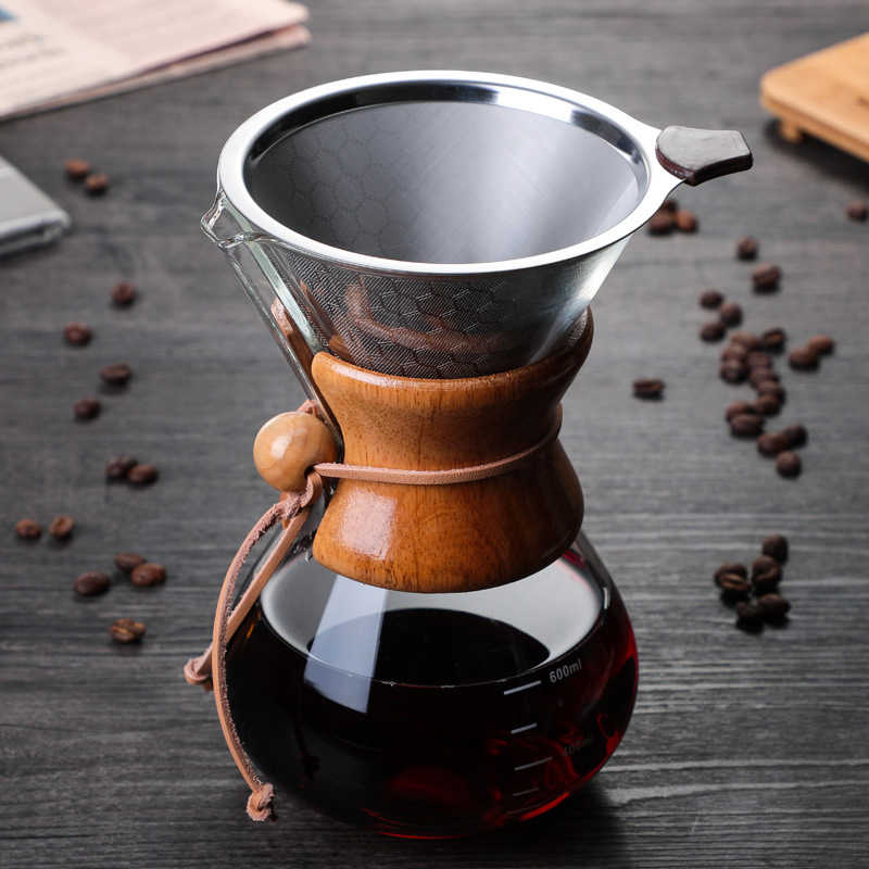 Pour Over Coffee Maker Glass Carafe And Reusable Stainless Steel Permanent Filter Manual Coffee Dripper With Wooden Sleeve