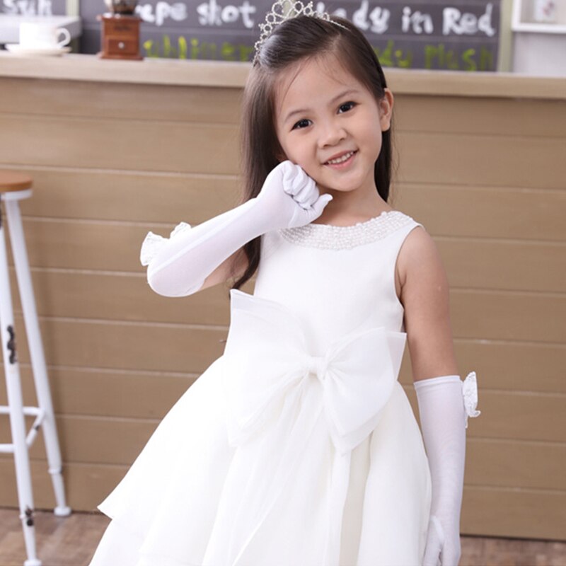Guantes largos de princesa para niña, manoplas de boda para nocturna, guante para niño, guantes de rendimiento con lazo de encaje de perlas para cumpleaños