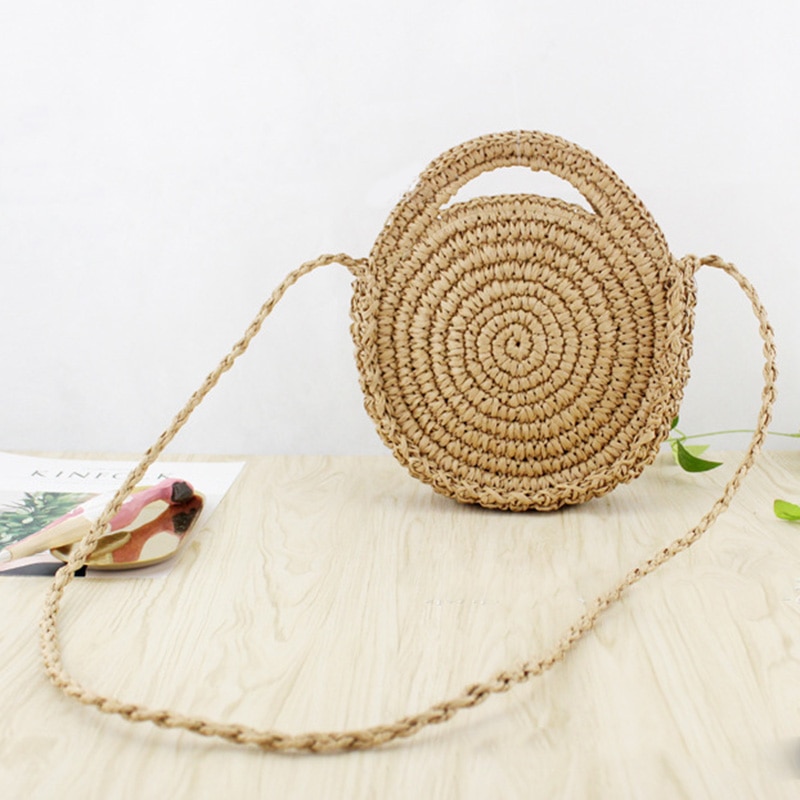 FGGS Round Paper rope Beach Bag Summer mini Vintage Handmade Crossbody straw Bag Girls Circle Rattan bag Small Bohemian Shoulder: Brown