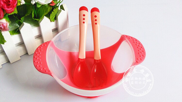 Alimentação sólida bebê pratos de alimentação utensílios de mesa crianças tigela comida temperatura sensing colher + prato capa pratos louça conjunto: Baby Dish Red 02