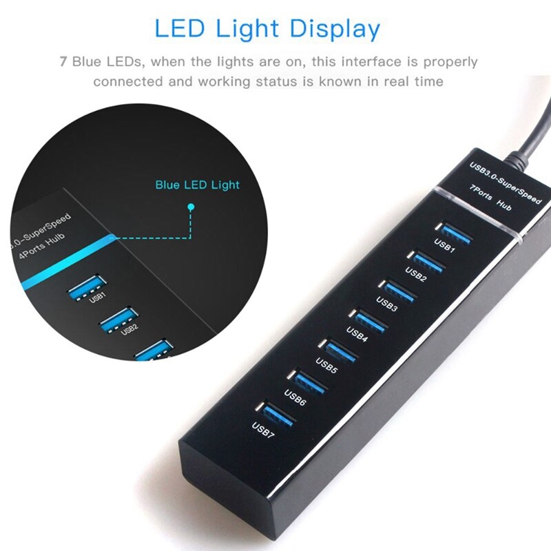USB Hub, 7 Port USB 3.0 Hub LED Portable High-Speed Compatible for Air, Mac Mini/Pro, Surface Pro, PC and Laptop