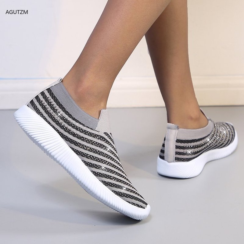 AGUTZM Women's Ladies Ankle Shoes Flat Loafers Crystal Bling Sneakers Casual Ladies Slip On Breathable Casual Shoes h41