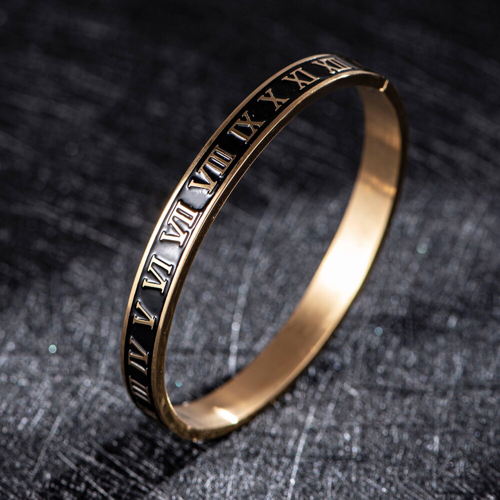 Cuff Bracelet Bangle Stainless Steel Bracelet Enamel Carving Roman Numeral Couple Roman Bangle For Men Women Jewelry