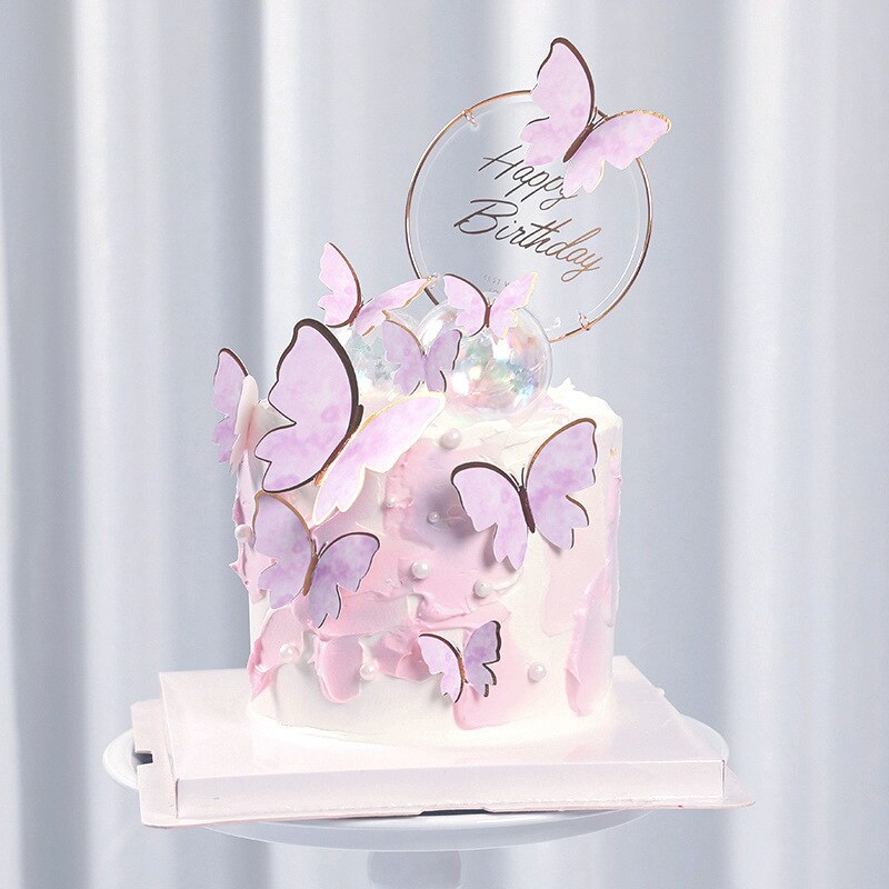 Ins Vlinder Bruiloft Gelukkige Verjaardag Cake Topper Roze Acryl Verjaardagsfeestje Dessert Decoratie Voor Baby Shower Bakken Levert