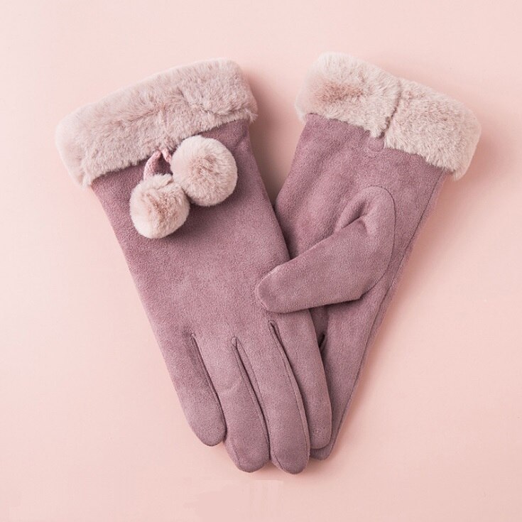 luxe daim gants mitaines doigt complet mitaines droite Index doigt écran gant velours épais femmes hiver: Purple with fur ball