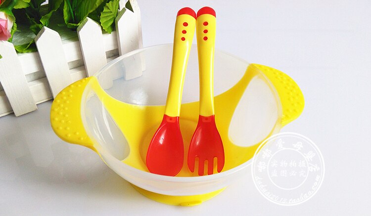 Alimentação sólida bebê pratos de alimentação utensílios de mesa crianças tigela comida temperatura sensing colher + prato capa pratos louça conjunto: Baby Dish Yellow 02