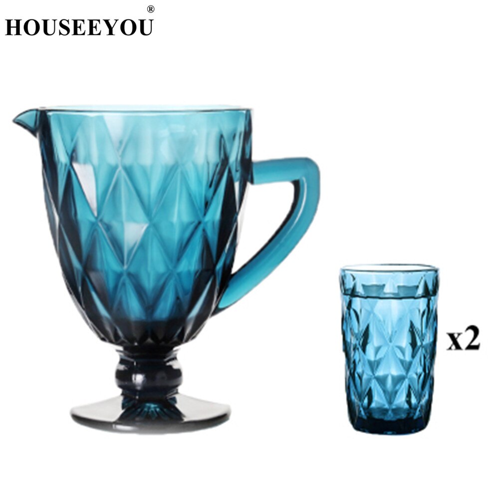 Houseeyou 1pc koldtvandskande  + 2 stk udskåret glaskop europæisk retro krystalvand vinkop drikkebar restaurantværktøj: Blå diamant