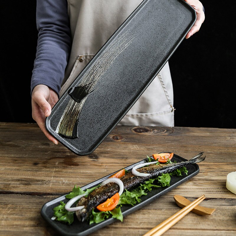 12 Inch Japanese Ceramic Black Sushi Dessert Tray Retro Rectangular Tableware Modern Household Dish Tray Sushi Kitchen Tableware