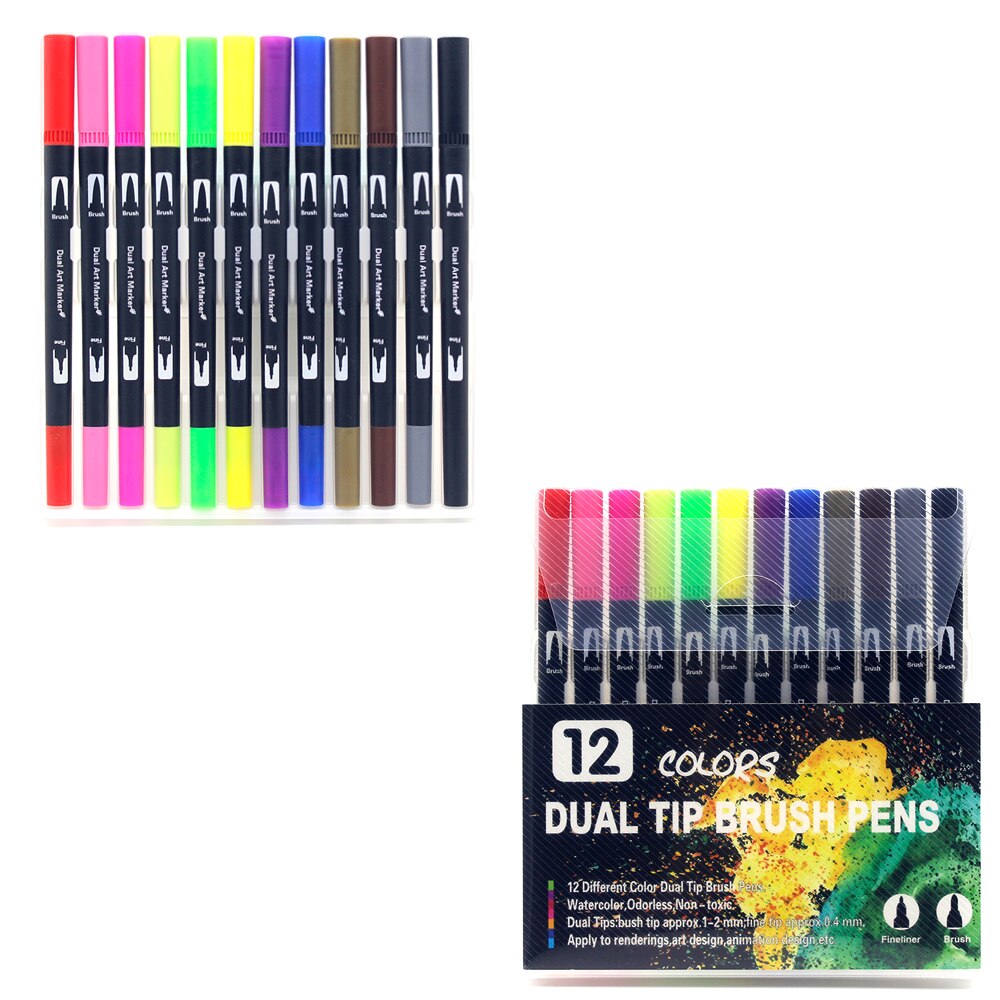 Tuscher sæt 36/48/72/120 farver fineliner dobbelt spids pensel pen tegning maleri akvarel kunst tusch penne til manga kunst forsyninger: B -12 farve