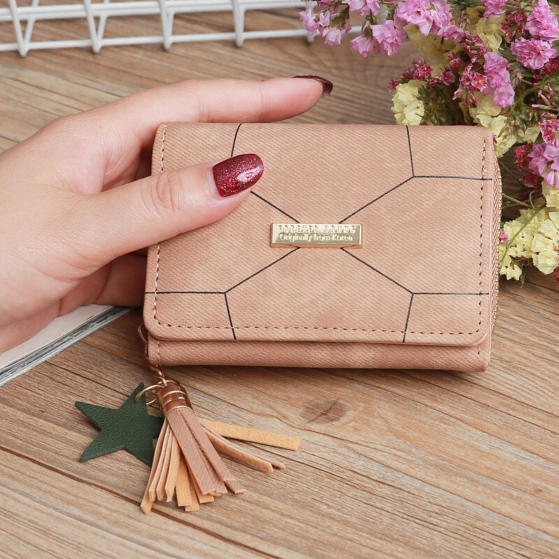 Women's short wallet PU leather female plaid wallet tassel card holder wallet woman small zipper wallet coin purse: Khaki