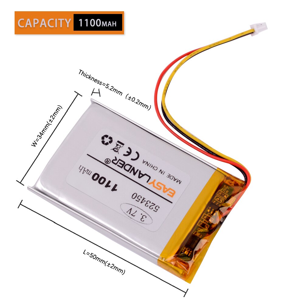 3 thread 523450 3.7V,1100mAH,PLIB; polymer lithium ion / Li-ion battery for GPS,mp3,mp4,mp5,dvd,bluetooth,model toy