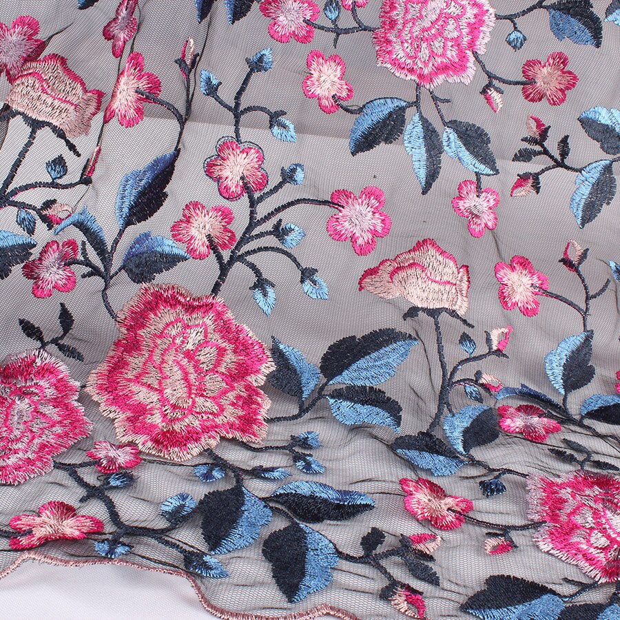 Flower Embroidered Net Yarn Fabric African Wedding Tulle Floral Lace Fabric Diy Craft Patchwork By Yard: No.3 - pink flower