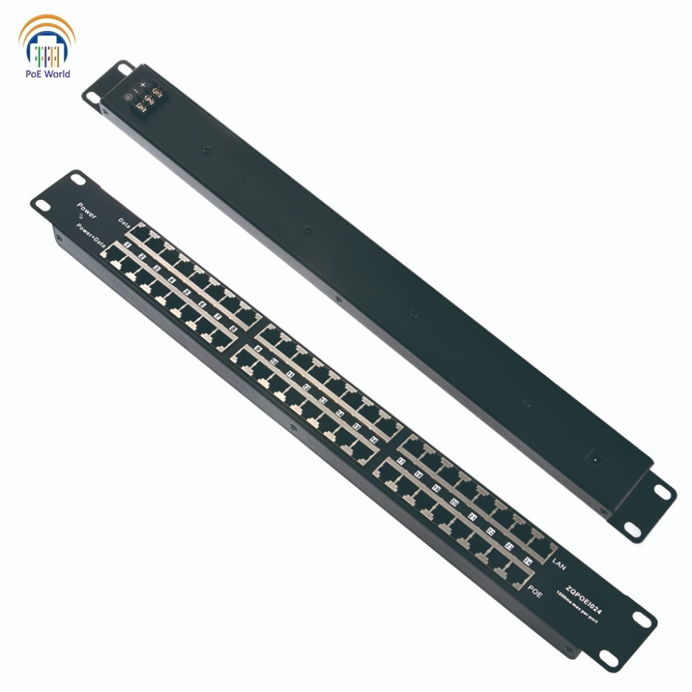 Passive PoE injector 24 Port Mid-span POE Patch Panel, Rack mount PoE Injector powered up to 24 IP Cameras CCTV Security camera