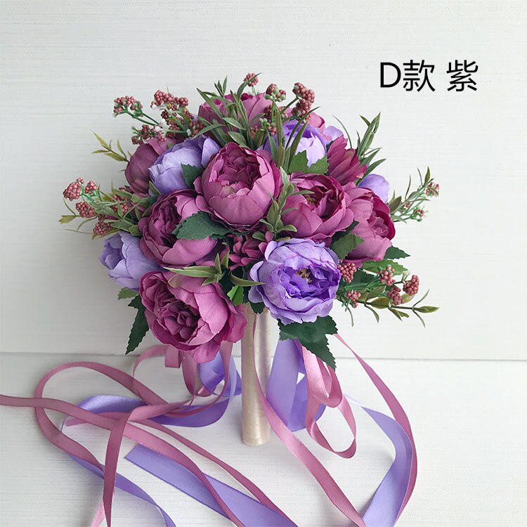 Rosa blå lila bröllop blommor bukett handgjorda konstgjorda blommor pion brudtärna brudbukett mariage bröllop dekorationer: Lila