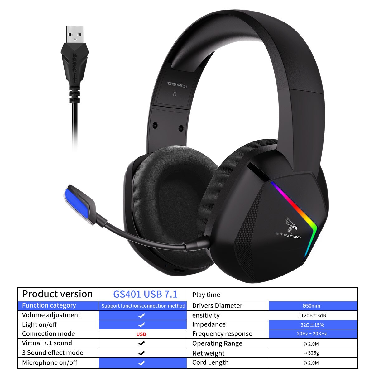 SOMIC Gaming Headset Game/Video/Live 3 Modes LED Headphones 7.1 Surround Sound Wireless/Wired for PC, Mac, Phone, Tablet GS401: USB 7.1