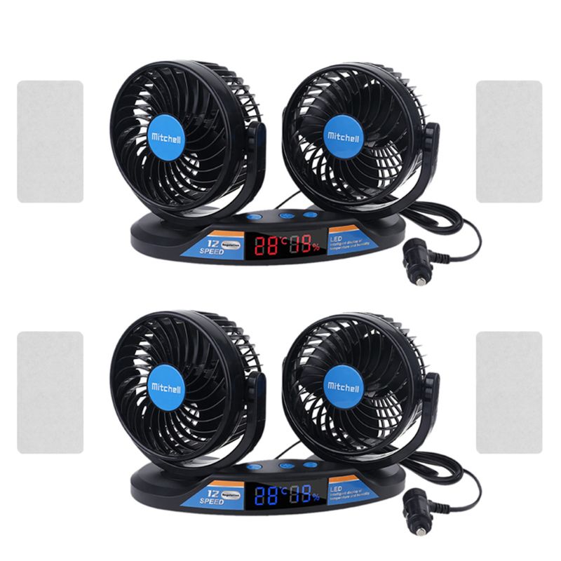 Dual Head 12V Car Fan 12 Speeds 360 Rotatable with Temperature Humidity Display LX9B