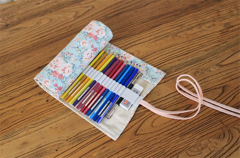 Kawaii Flower Pencil Case Canvas 12/24/36/48/72 Holes Roll School Penal Pencilcase for Girls Boys Cute Pen Case Stationery Pouch: 12 Holes