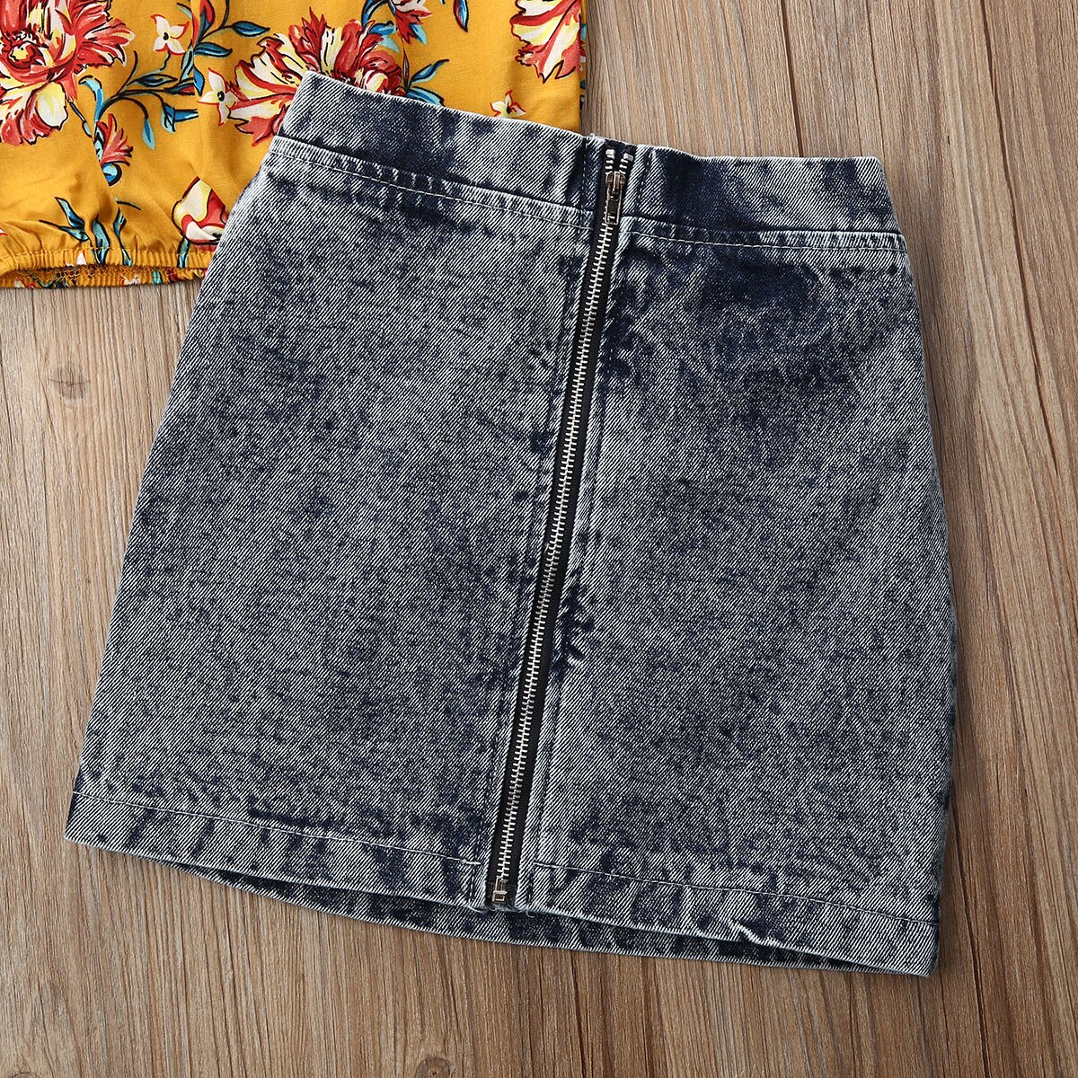 Pudcoco Del Bambino Del Bambino Vestiti Della Ragazza Della Stampa Del Fiore Off Spalla Strap Crop Magliette e camicette Della Chiusura Lampo Del Denim Mini Gonna 2Pcs Abiti di Cotone vestiti