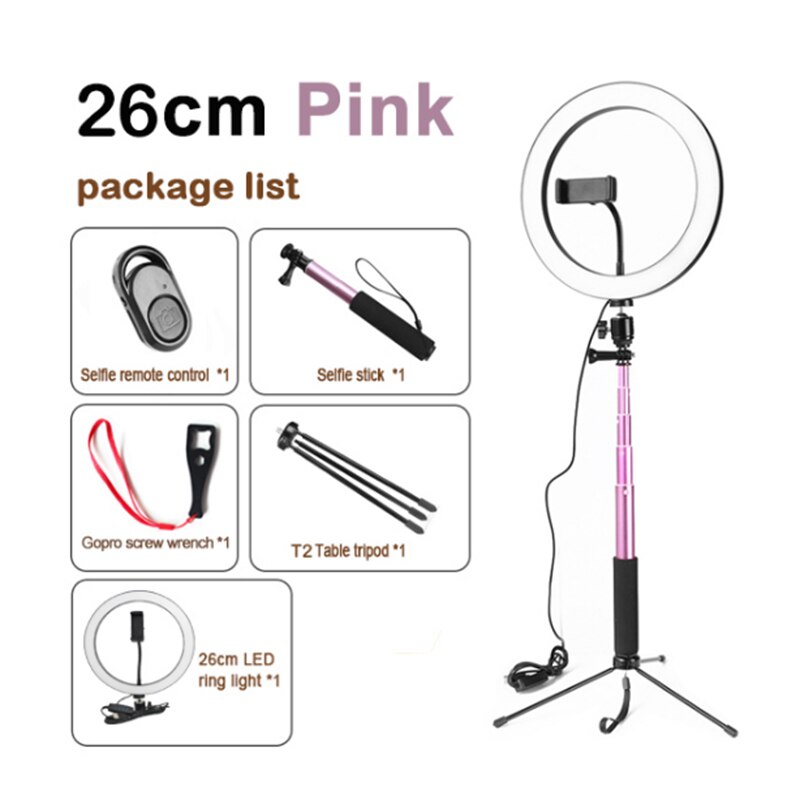 26CM Dimmable LED Ring Light Photo Phone Video Light Lamp with Tripods Selfie Stick Ring Light Phone Holder(Pink)
