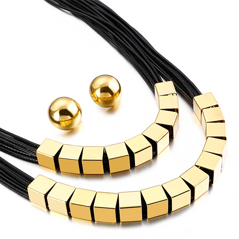 KALEN Leather Rope Choker Jewellery Multiple Color Stainless Steel Necklace Earrings Sets For Women Dubai Femme Jewelry Sets: KS131164-LX