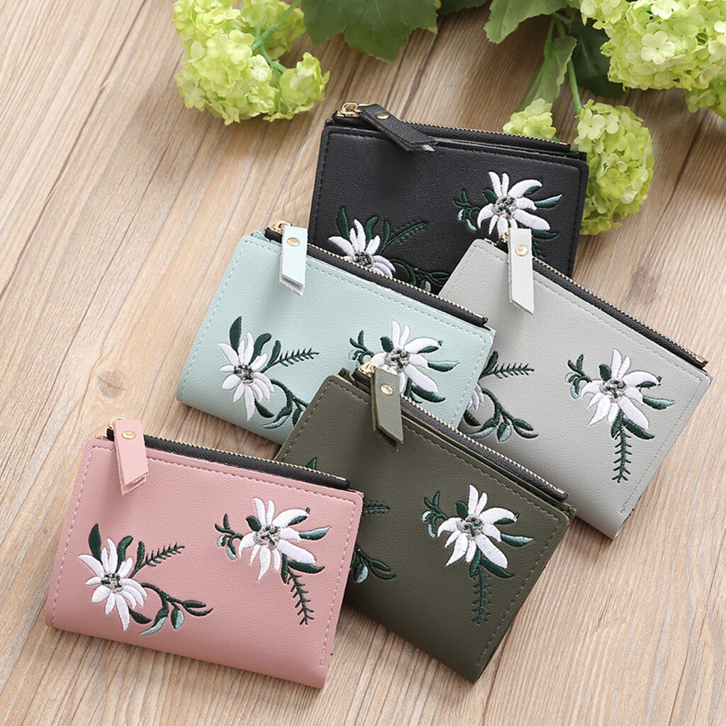 Portemonnee Voor Vrouwen Outdoor Trend Effen Kleur Bloem Omzoomd Lederen Card Wallet Carteira Mulher Кошелек Женский # # p30