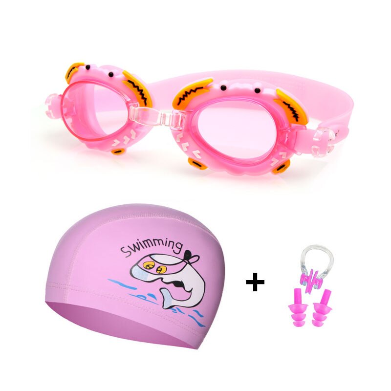 Boy Girl Swimming Goggles Children Silicone Dolphin Fish Caps Ear plug Nose Set Diving Glasses Waterproof Kids Swim Pool Eyewear: Pink Dolphin