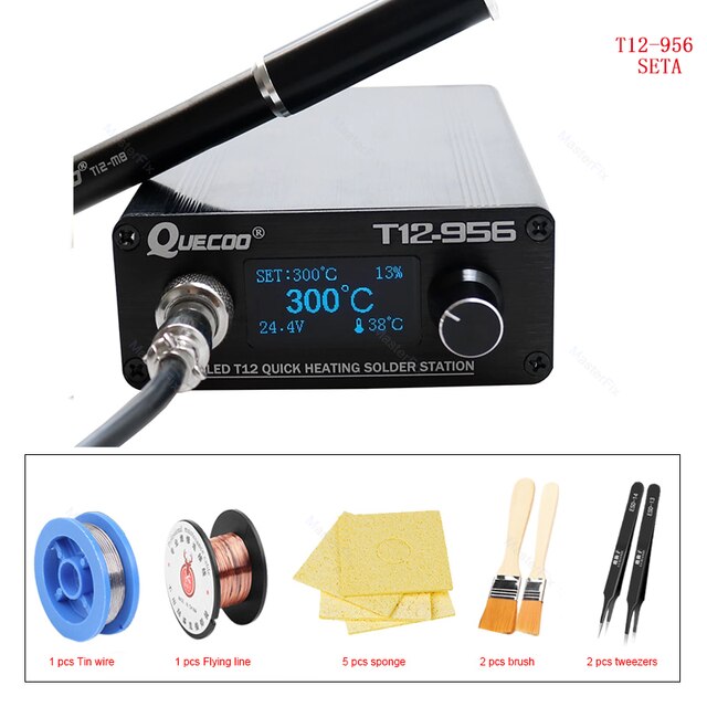 Quecoo T12-956 stazione digitale di saldatura Oled con manico in metallo nero M8 e punte per saldatore T12 spina ue predefinita: impostato A