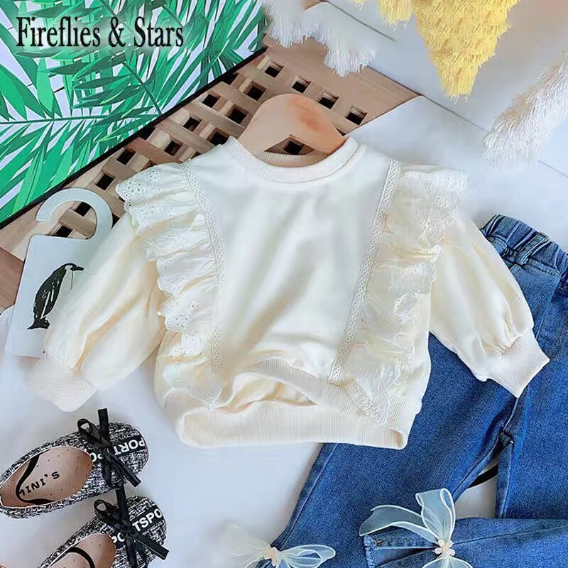 Forår efterår piger sweatshirt baby t-shirts børn pullover til børn tøj ruched hollow out 2 to 7 år: Fløde / 3t