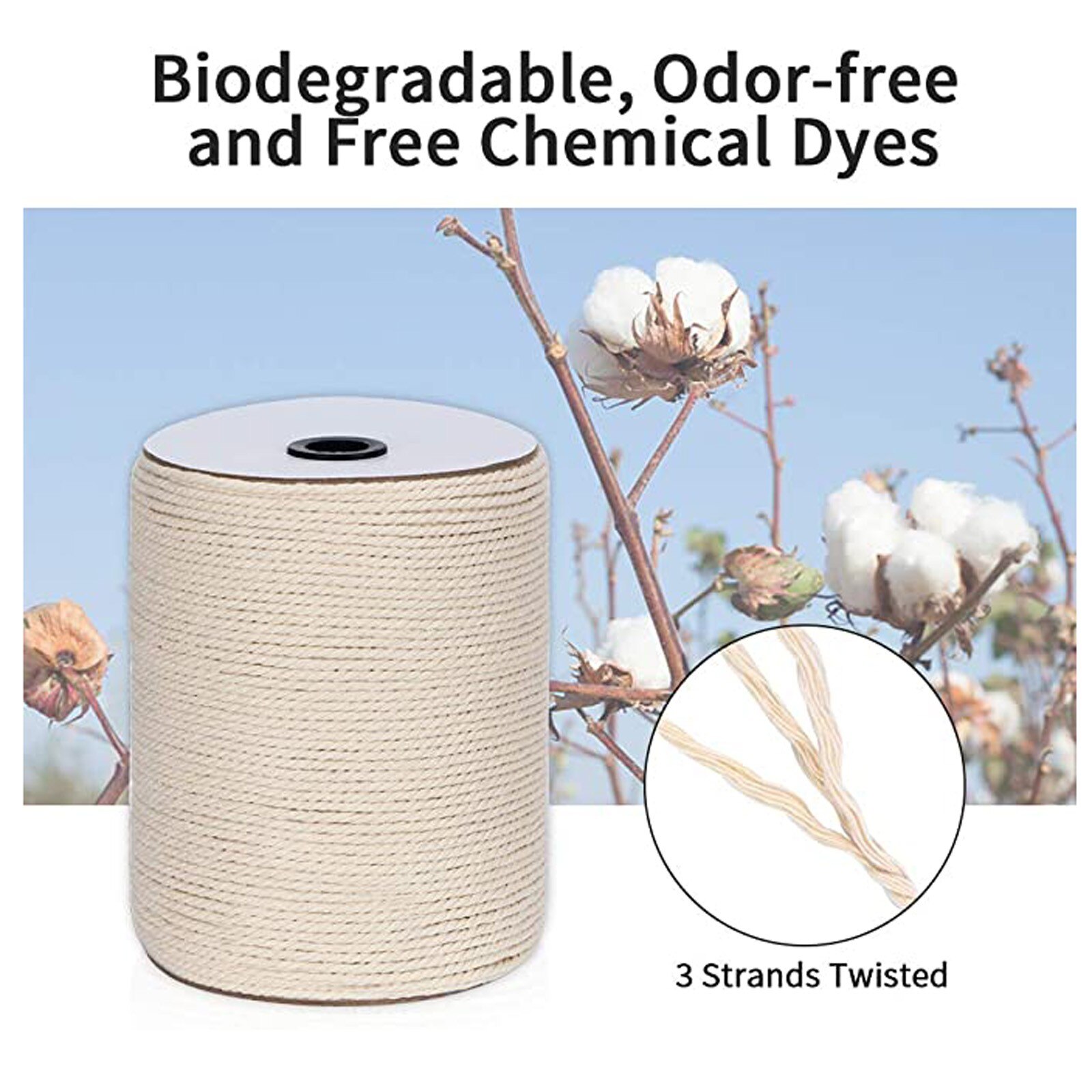 Jukway 3 mm natuurlijk katoenen koord, 32 voet rond gevlochten touw met kern, macramé katoengaren multifunctioneel voor naaien, knutselen, decoratie, ruw wit (10 meter