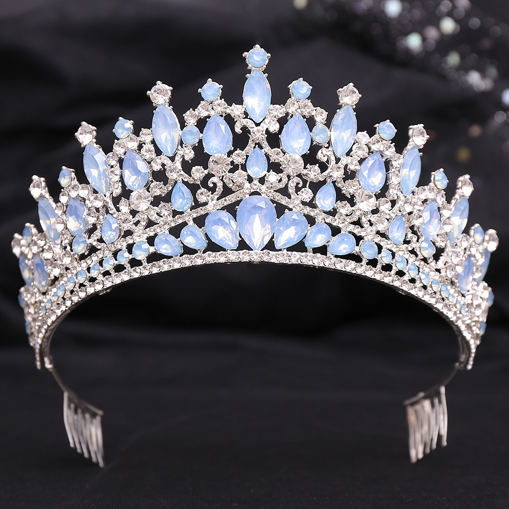 Barokke blauwgroene opaal bruiloft kroon met kam kristal koninklijke koningin bruids tiara's grote strass optocht diadeem hoofdaccessoires: Licht Geel Goud Kleur