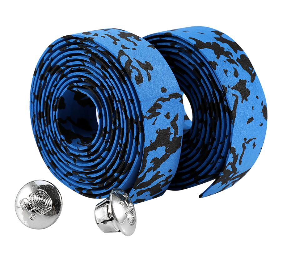 2 stk cykelbandagetape mouantain landevejscykel cykelstyrtape camouflage cykelhåndtag bælte kork wrap med stangpropper: Blå og sort