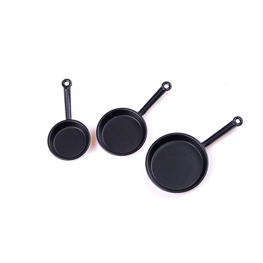 TOYZHIJIA 3pcs Metal Frypan Frying Pans Cooking Pot Cookware 1/12 Scale Doll House Miniature Kitchen toy Accessory: Black